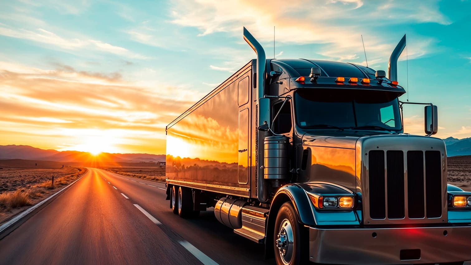 Black semi truck driving toward the camera on an open highway